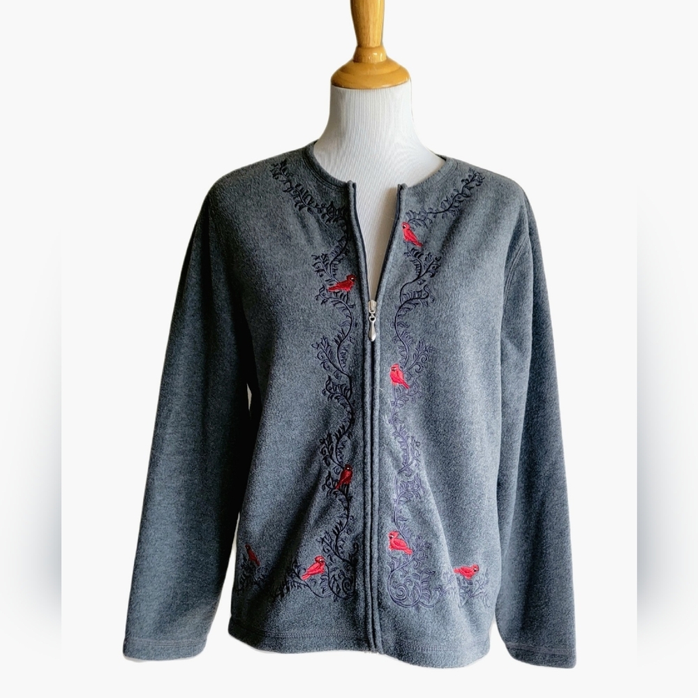 Womens Croft & Barrow Gray Fleece Embroidered Cardigan Top - Size PXL